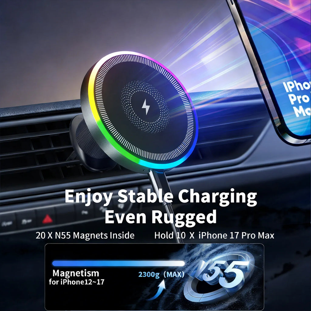 Magnetic Wireless Car Charger & Phone Holder - MagSafe Compatible, Air Vent Mount